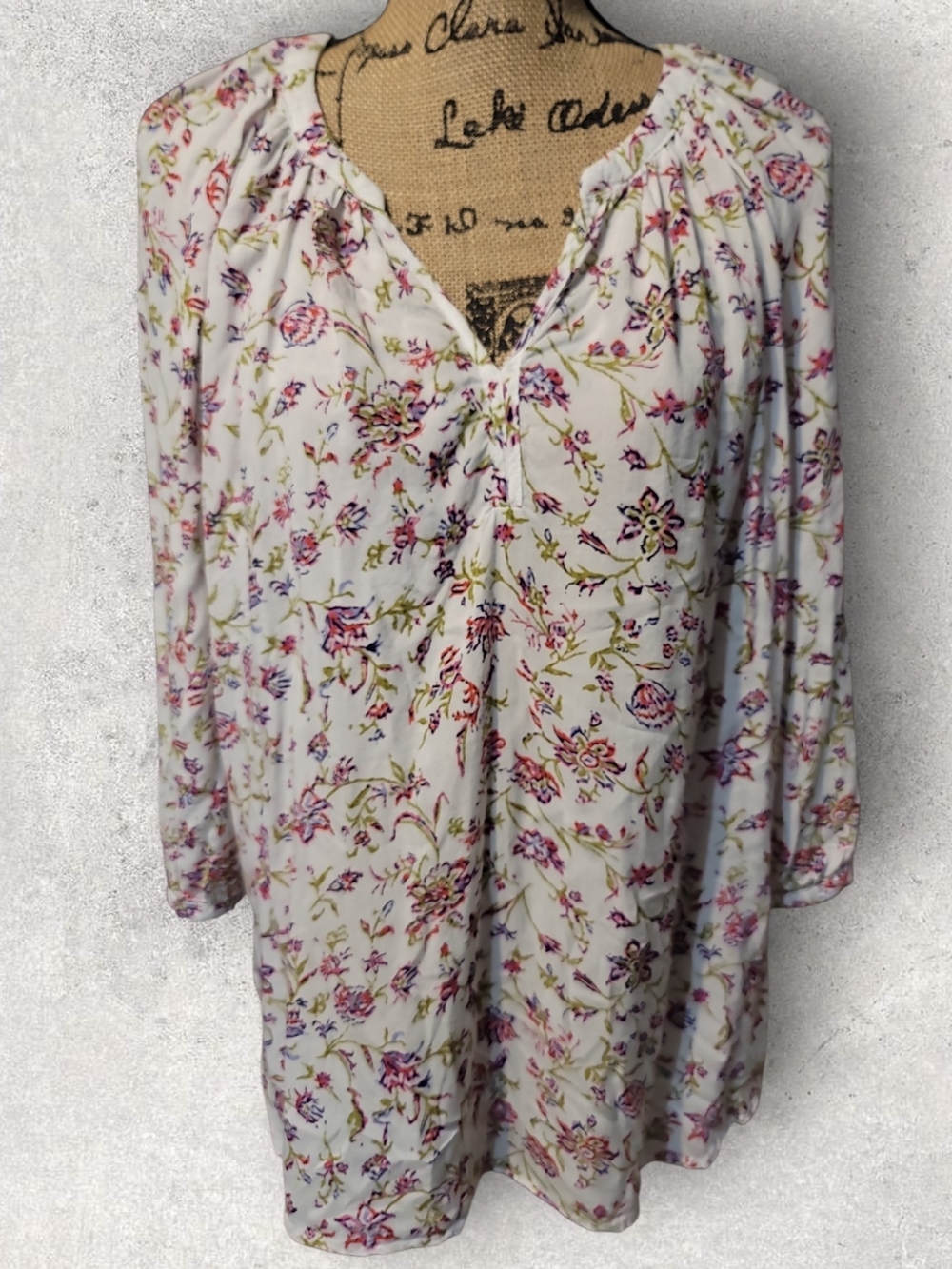 Jones & Co. Floral Peasant Blouse - White with Pink & Green Floral Print Size 1X